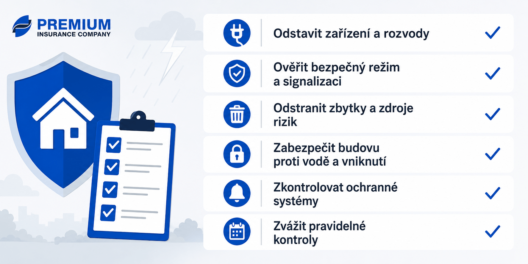 Checklist pro zabezpečení firmy před odstávkou od PREMIUM Insurance Company. Infografika obsahuje 6 kroků pro prevenci škod.