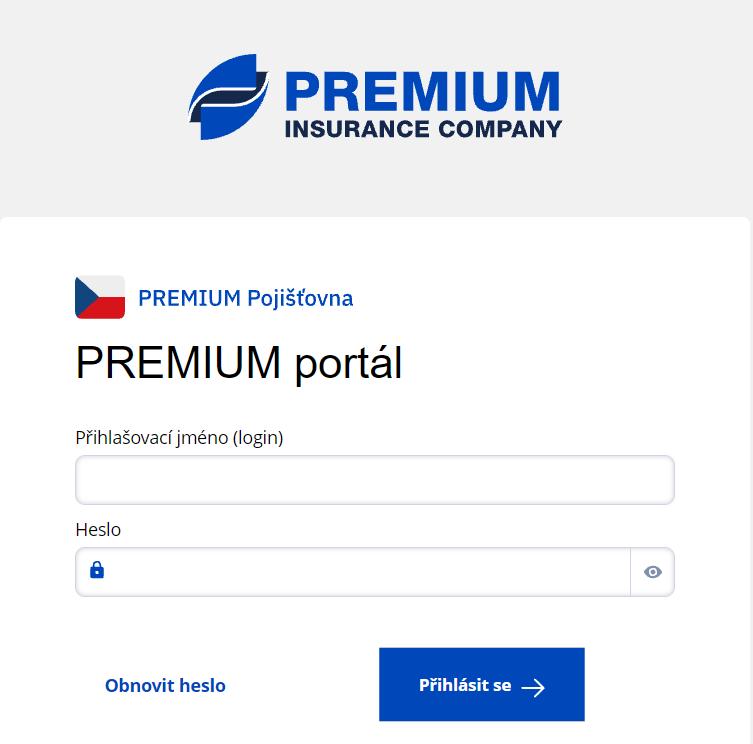 Screenshot přihlašovací stránky PREMIUM portálu spuštěného v roce 2025, který je součástí digitálního rozvoje PREMIUM Pojišťovny pro rok 2026.